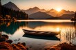The sun sets behind the tranquil lake, casting a warm golden glow over the towering mountains - AI Generative