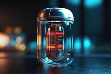 A transparent capsule supplement, along with a plastic container and a glass filled with water, highlights the concept of health and wellness. Generative Ai, Ai.