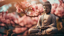 Beautiful Cherry Blossoms Around The Buddha Statue In Springtime, Sunshine On Idyllic Garden With Cherry Tree And Buddha On Blurred Sky Background With Copy Space.