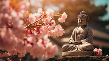 Beautiful Cherry Blossoms Around The Buddha Statue In Springtime, Sunshine On Idyllic Garden With Cherry Tree And Buddha On Blurred Sky Background With Copy Space.