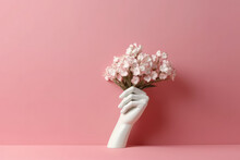 A White Plastic Hand Holds Pink Flowers Against A Two-tone Background, Creating A Conceptual Backdrop Symbolizing The Gift And Beauty Of Nature. Generative Ai, Ai.