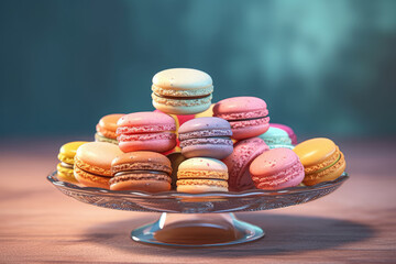 Sticker - Colorful French macarons arranged on a plate, presenting a delectable and visually appealing treat. Generative Ai, Ai.