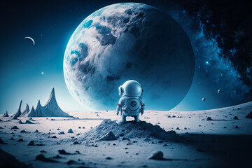 generative ai of a cartoon astronaut standing on moon surface and looking at the sky full of stars a
