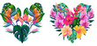 Set of neon colored heart shaped tropical flowers bouquets