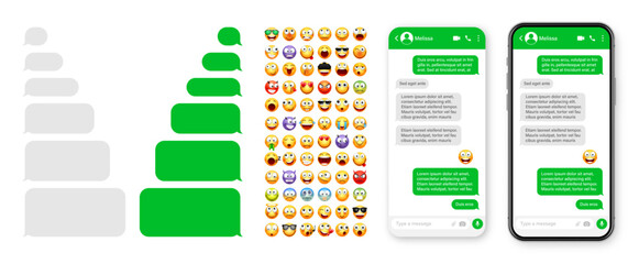 Smartphone messaging app, user interface design with emoji. SMS text frame. Chat screen with green message bubbles. Texting app for communication. Social media application. Vector illustration