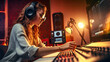 © PaulShlykov - Beautiful Female Audio Engineer Working in Music Recording Studio, Uses Mixing Board and Software to Create Modern Sound. Creative Girl Artist Musician Working on Control Desk to Produce New Song