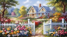  A Painting Of A White Picket Fence With Flowers In Front Of A House.  Generative Ai