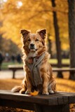 Fototapeta Konie - A dog sitting on a bench in a park