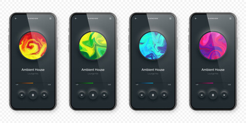 Wall Mural - Online audio player user interface, smartphone app UI design. Music, media streaming and listening platform. Responsive mobile application. Neumorphism, neumorphic style. Vector illustration.