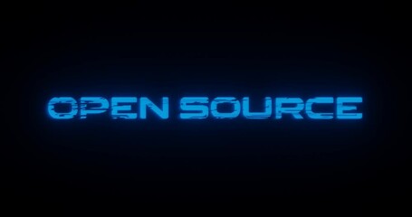 Poster - 3d rendered animation of an OPEN SOURCE neon blue sign on a black background