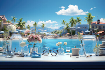 Poster - Summer sale template: Composition of blue glass board with cute beach objects and a swimming pool. Concept of island vacation. Generative Ai.