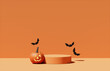 Leinwandbild Motiv 3D pedestal podium, orange background. Pumpkin falling with flying bat . Halloween Jack o lantern display showcase. Autumn product promotion. Abstract spooky fall. 3D render illustration