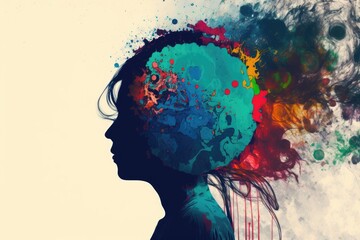 Wall Mural - Silhouette of a woman's head with colorful paint splashes