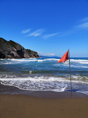 Wall Mural - a red flag on the beach swimming prohibited