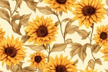 Watercolor Retro Sunflowers Background, Seamless Pattern