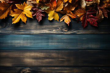 autumn leaves on wooden surface high angle view. autumnal background copy space for text. frame comp
