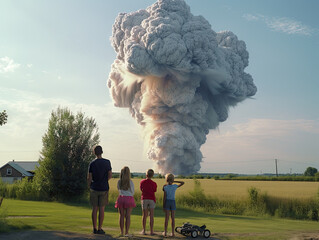 A family of 4 standing in a field watching a large explosion.