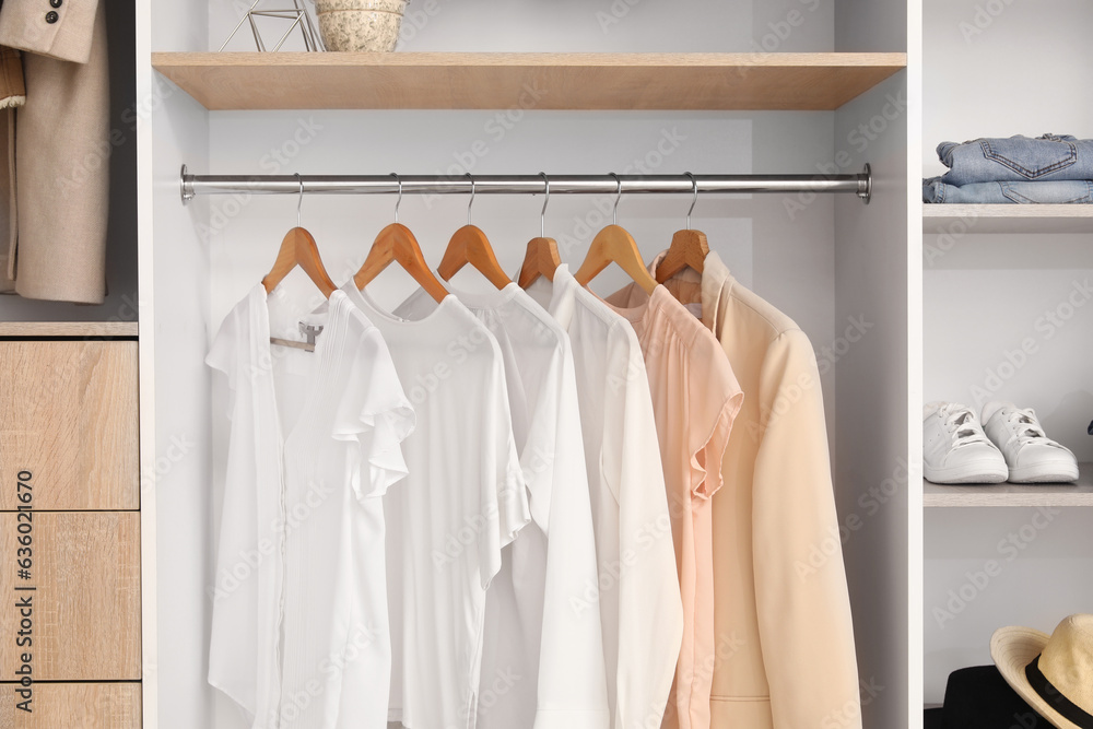 Stylish clothes hanging in boutique