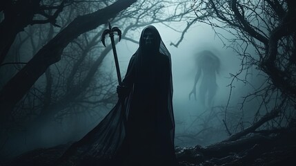 Wall Mural - A spooky forest with a ghostly woman holding a scythe alluding to Halloween. silhouette concept