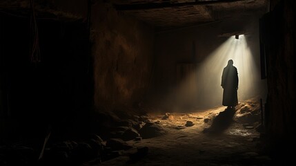 An eerie ghostly figure captured in an aged dusty cellar s photograph. silhouette concept