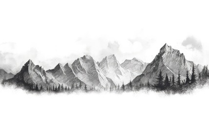 Poster - Black and white hand drawn pencil sketch of a mountain landscape with rocky peaks in a graphic style on a white background. silhouette concept