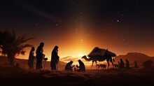 Evening Desert Nativity Scene During Christmas. Silhouette Concept