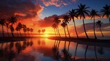 Fototapeta Zachód słońca - Gorgeous sundown featuring palm trees silhouette