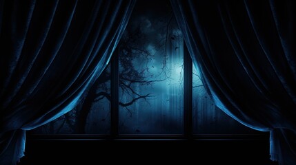 Sticker - Halloween night eerie window with blue curtain empty space for copy. silhouette concept