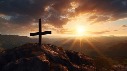 Aufkleber - Crucifixion of Jesus Christ on a mountain at sunset. silhouette concept