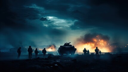 Silhouetted soldiers in a foggy sky below a cloudy skyline at night engaged in battle Armored vehicles included