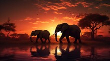 Silhouetted Elephant Family At Sunset