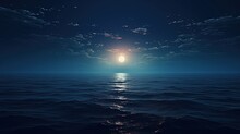 Full Moon Shining Over The Ocean Landscape. Silhouette Concept