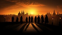 Silhouettes Of Statues And Rooftops Of Cityscape At Charles Bridge In Prague Czech Republic Illuminated By The Sunset
