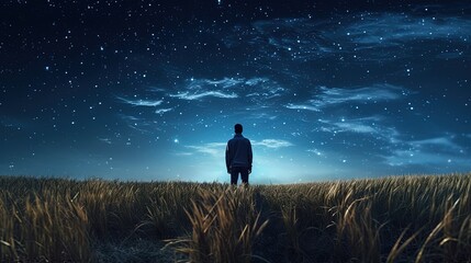 Wall Mural - man gazing up at stars during the night surrounded by wheat field under the milky way. silhouette co