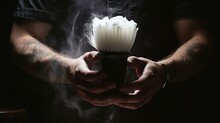 Photograph Of Hairstylist S Hands With Bowl Of Shaving Foam And Wooden Brush Man In Black Gloves At Indoor Barbershop. Silhouette Concept