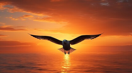 silhouette of seagull in sunset s orange sky