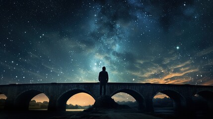 Wall Mural - A person s outline on an ancient bridge against a starry sky and Milky Way. silhouette concept