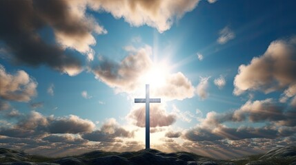 Poster - A miraculous event occurred in the sky with fluffy clouds forming a cross. silhouette concept