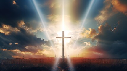 Poster - A miraculous event occurred in the sky with fluffy clouds forming a cross. silhouette concept