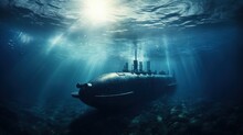 Underwater Naval Vessel On A Mission. Silhouette Concept