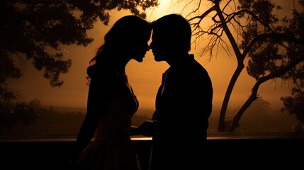 Canvas Print - Engaged couple kissing silhouette