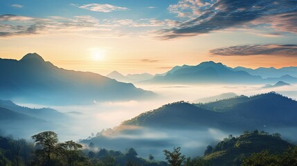Poster - Sunrise seen from behind mountains above the Sea of Mist in Chiang Khan Thailand. silhouette concept