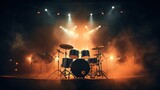 Live drum on stage with spotlights illuminating smoke music and concert background. silhouette concept