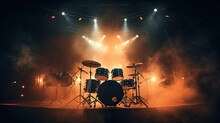 Live Drum On Stage With Spotlights Illuminating Smoke Music And Concert Background. Silhouette Concept