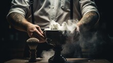 Photograph Of Hairstylist S Hands With Bowl Of Shaving Foam And Wooden Brush Man In Black Gloves At Indoor Barbershop. Silhouette Concept