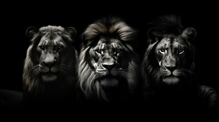 Wall Mural - B W template with lion panther and tiger on black background. silhouette concept