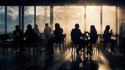 Unidentified individuals dining in a eatery. silhouette concept