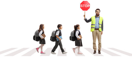 Sticker - Man with a stop sign and and children crossing a street at a pedestrian crosswalk