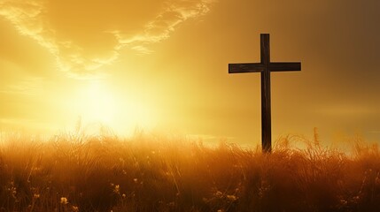 Aufkleber - Bright Christian cross against gold sky backdrop. silhouette concept