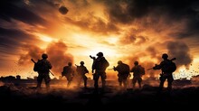 An Image Of Soldiers In Battle Amidst Explosions And Smoke. Silhouette Concept